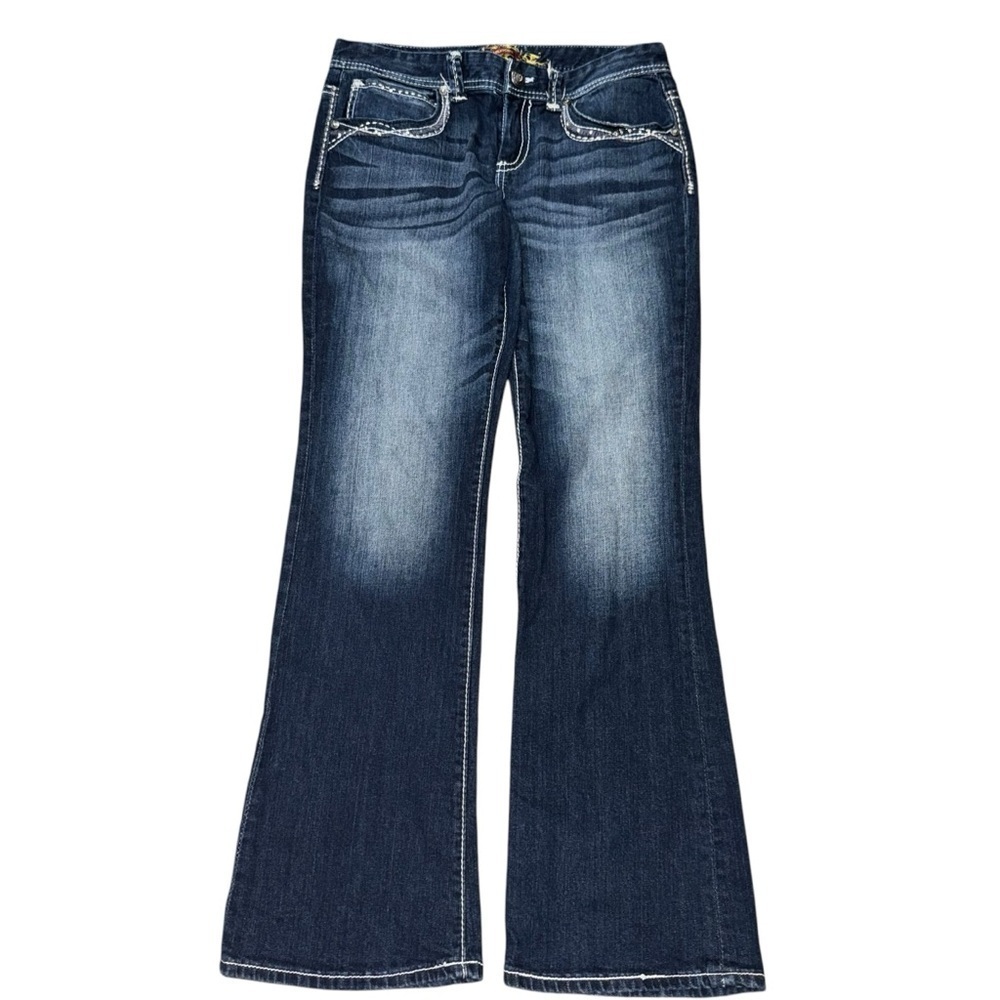 Maurice’s Women’s 11/12 Long Dark Flare Low-Rise Faded Blue Denim Jeans